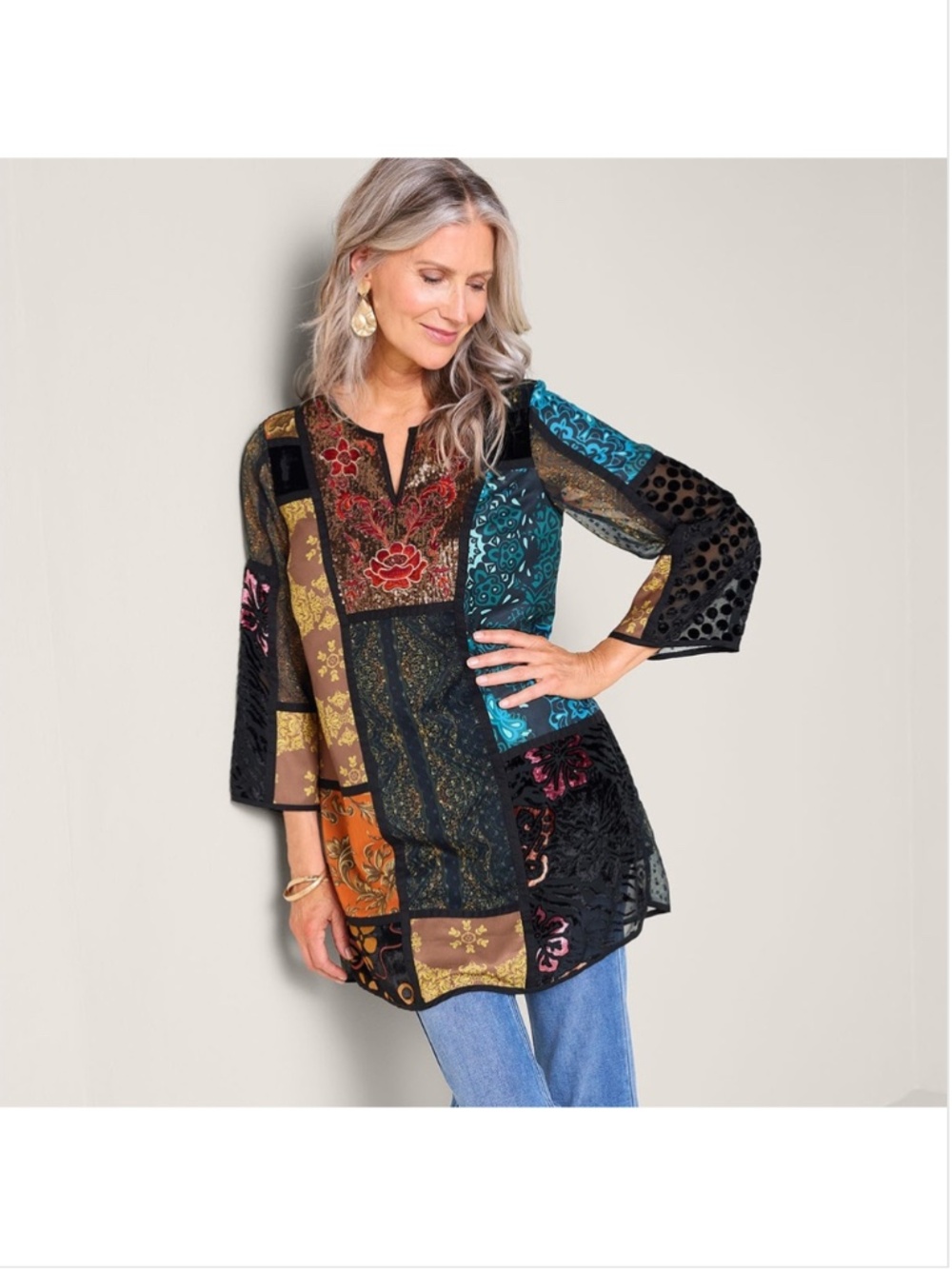 Soft Surroundings Boho Adassa Patchwork Sequin Tunic Top 1X